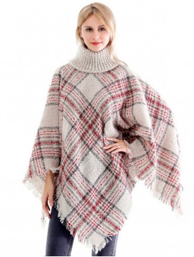 Loose Neck Poncho W/ Big Plaid